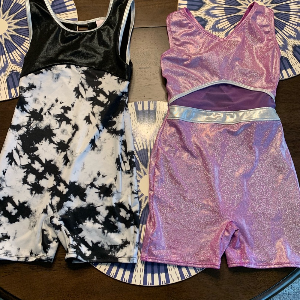 2 Girl’s Gymnastics Leotards Black White Purple Fuschia Sparkle Size 7/8